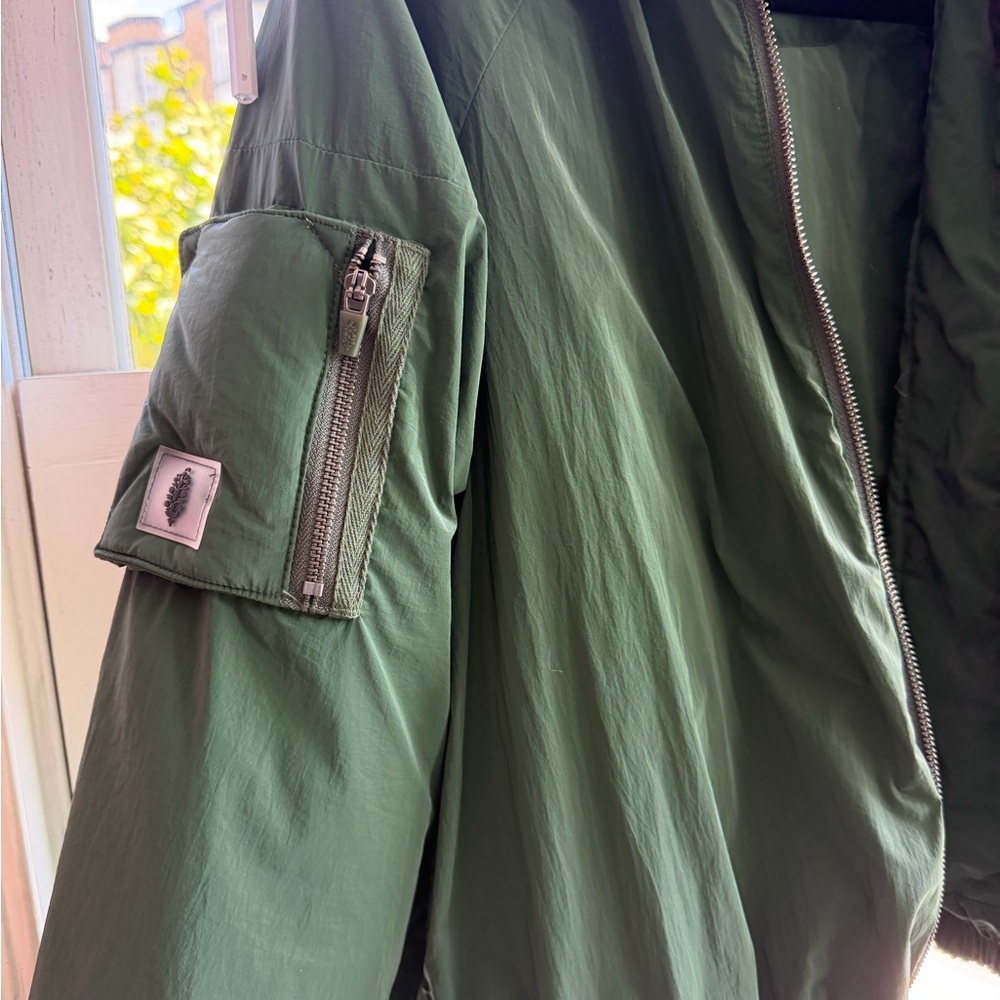 Free People Dark Green Bomber Jacket with removable Orange Sherpa Collar - Picture 2 of 3